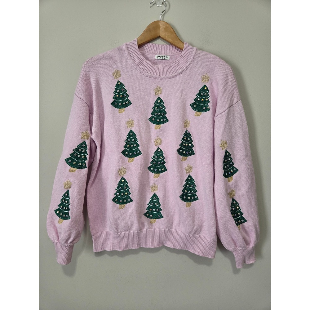 WHY DRESS Pink Christmas Tree Rhinestone Sweater Womens Small Holiday Crewneck